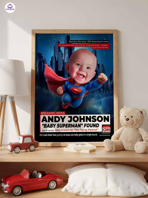 Custom Baby News Poster – Personalized Flying Hero Wall Art